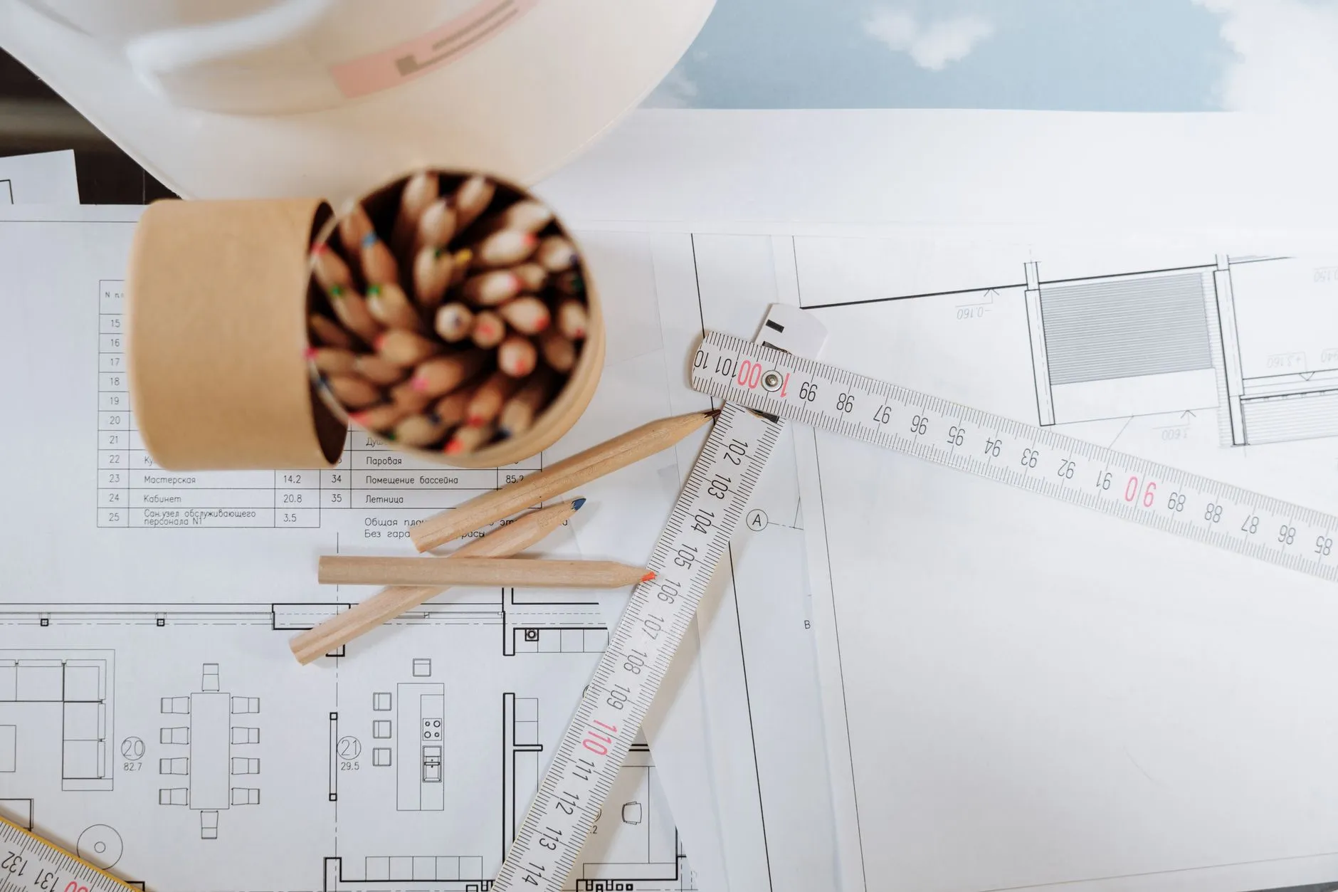 Architectural drawings on a desk