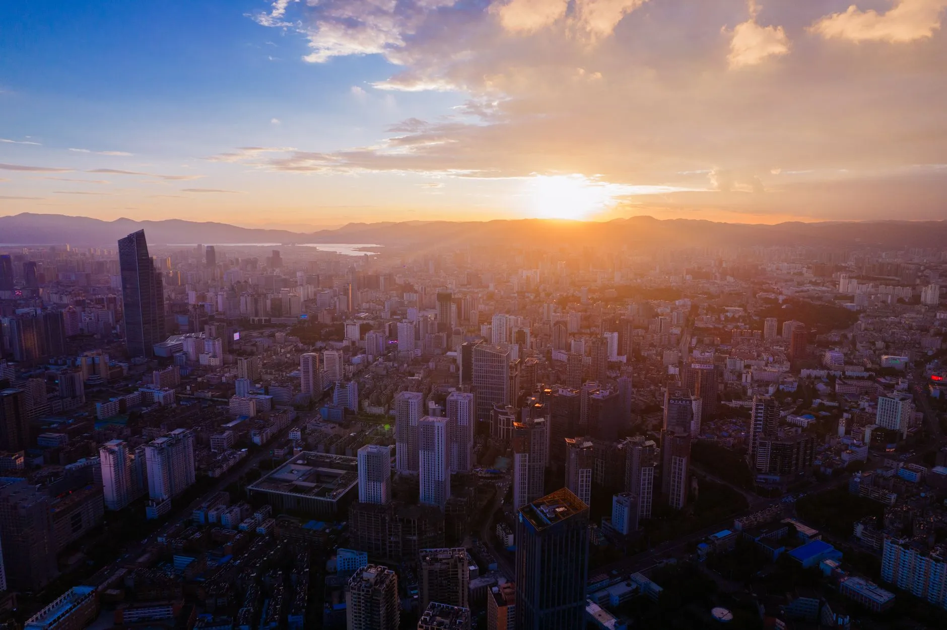 City skyline at dusk