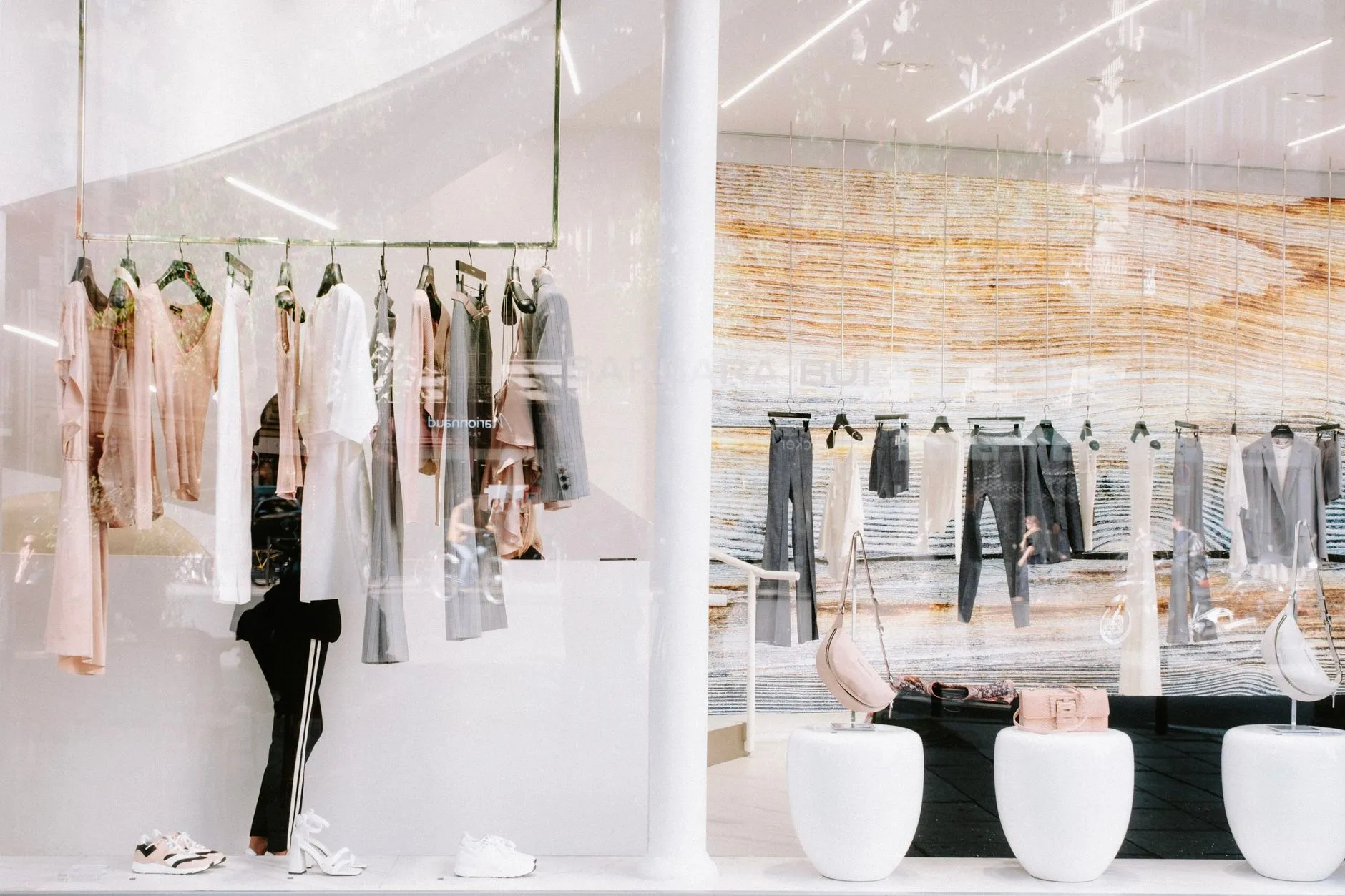 Boutique window with clothing rail